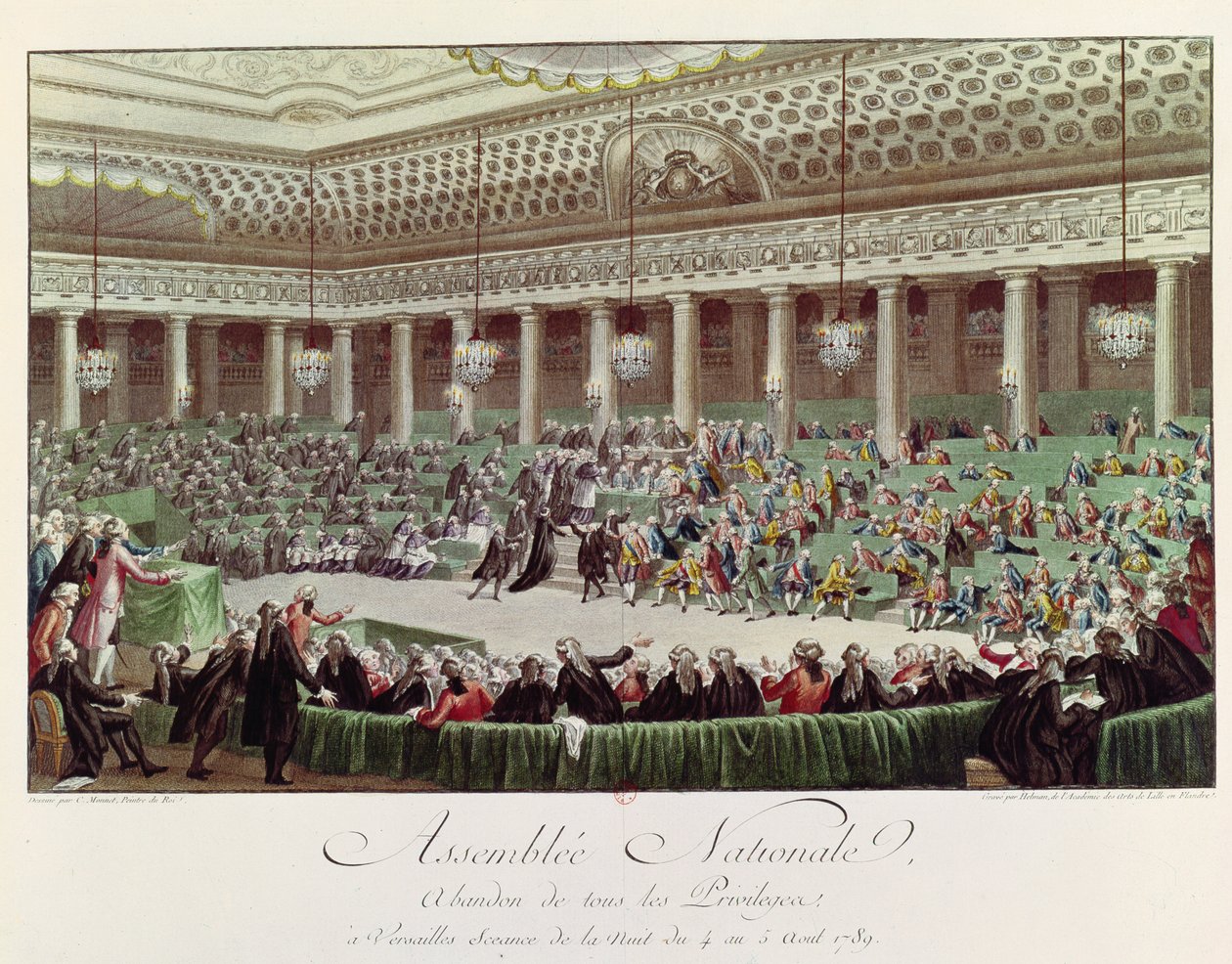 Ulusal Meclis Tüm Ayrıcalıklardan Vazgeçiyor, 4 Ağustos 1789, Helman (1743-1809) tarafından oyulmuş (renkli gravür) (bkz. 104584) by Charles Monnet