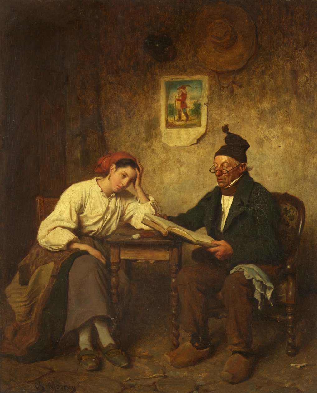 Baba ve Kız (panelde yağlı boya) by Charles Moreau