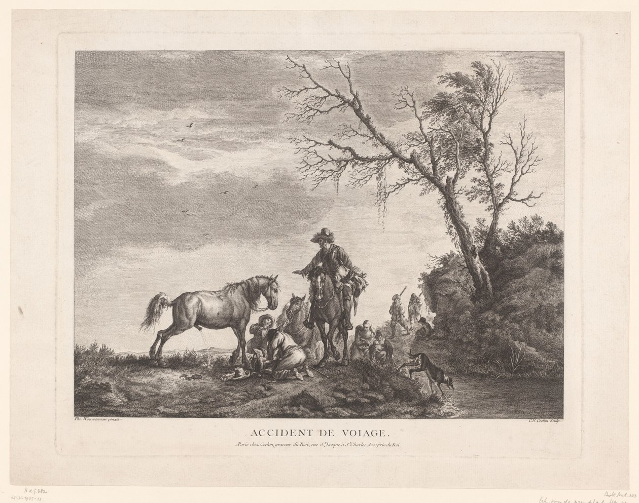 Bir mola sırasında yolcular Kaza de yolculuk. (nesne üzerindeki başlık) by Charles Nicolas Cochin (II)