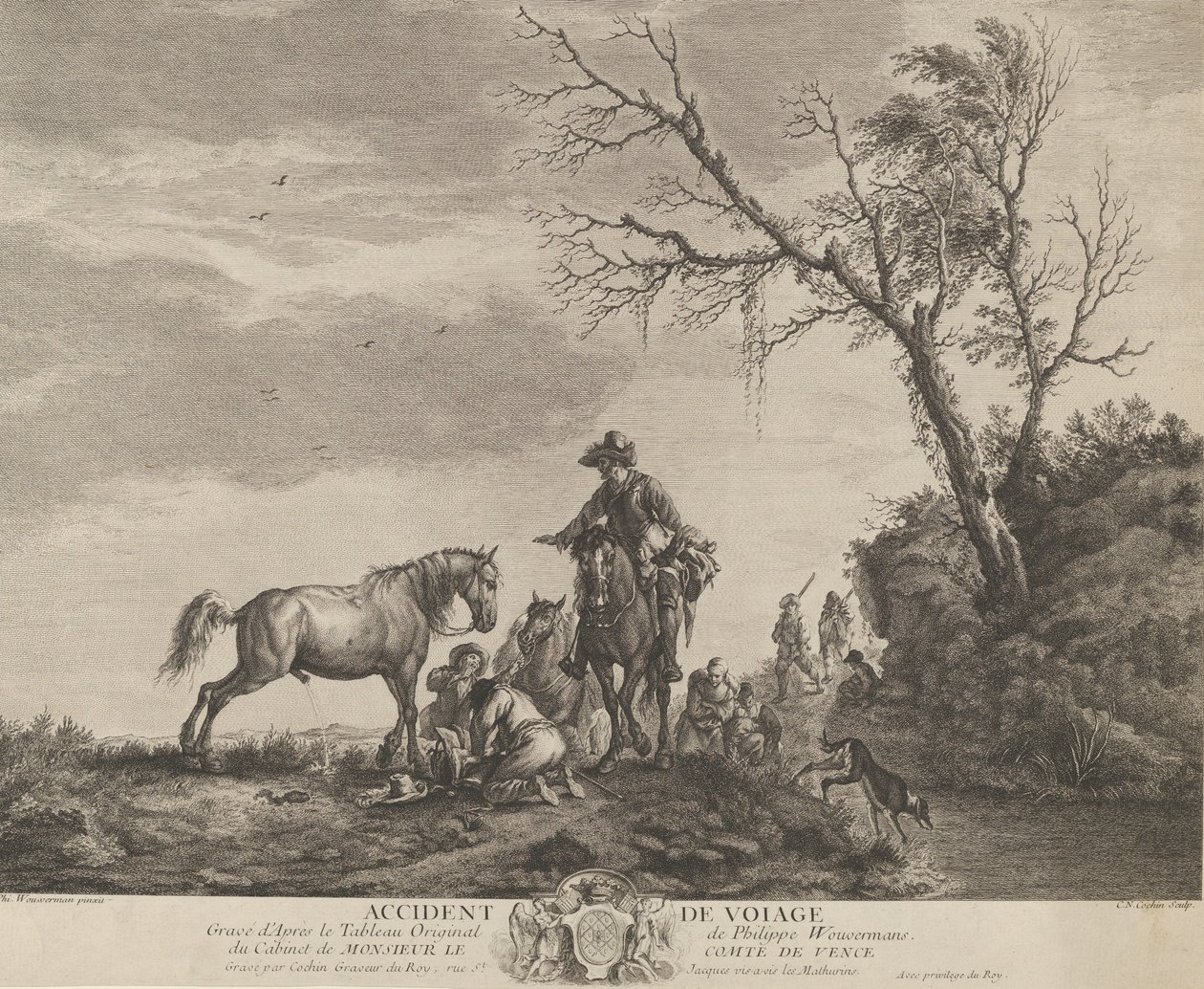 Yolculuk sırasında bir kaza, kırık bir eyeri tamir eden diz çökmüş bir adam, at işeyen bir at ..., 1740-50. by Charles Nicolas Cochin