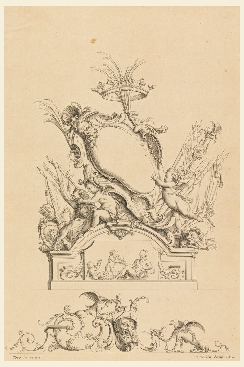 "Cartouches Nouvellement Inventez"den Taçlı Kartuş, İki Putti Servis Bacchus ve İki Aslan için Tasarım by Charles Nicolas Cochin the younger