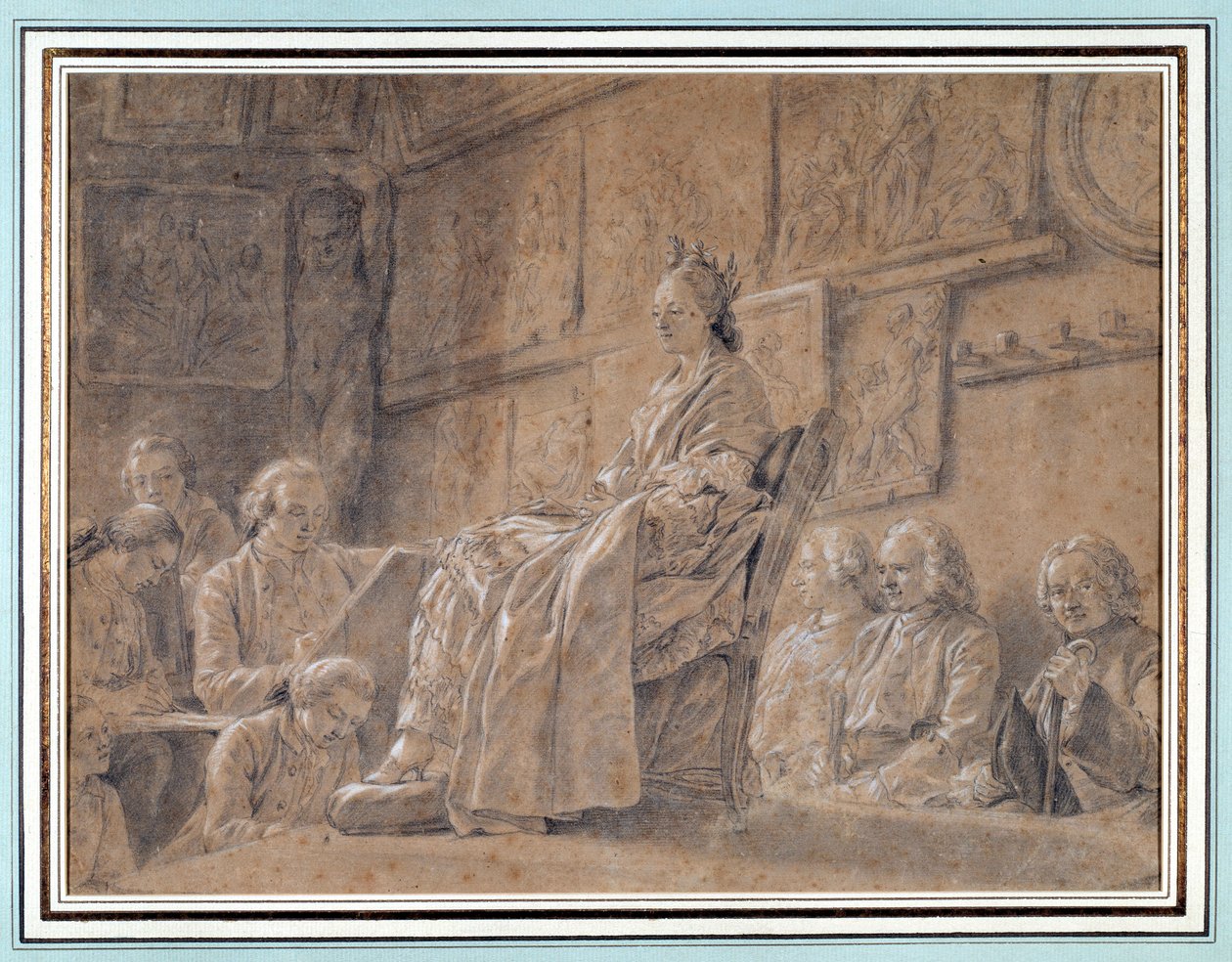 Farklı sanatçıların bir koltukta oturan bir modeli betimlediği bir atölyede ifadenin başına geçme yarışması. Çizim Ch. Nicolas Cochin (1715-1790) 1763 Paris. Karnaval Müzesi by Charles Nicolas II Cochin