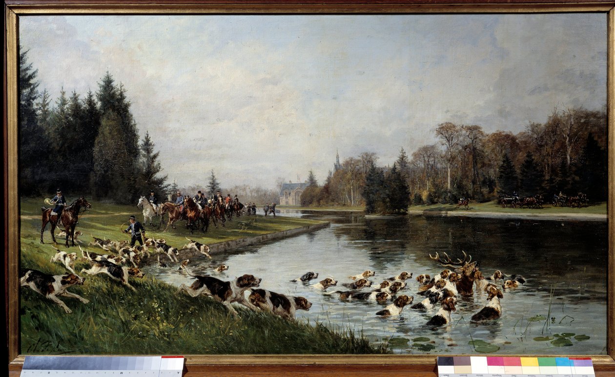 Bir yarış avla: “” Sulvie göletindeki geyiğin hallali, Aumale Dükü avı”” Charles Olivier de Penne (1831-1897) 1880 Güneş. 0,77x1,33 m Chantilly, musee Conde - Av köpekleri: Sulvie