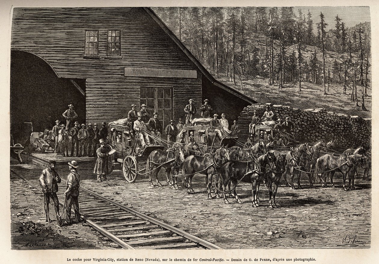 Reno istasyonu, Virginia City (Nevada), Orta Pasifik Demiryolu (Orta Pasifik) üzerinde, O. de Penne