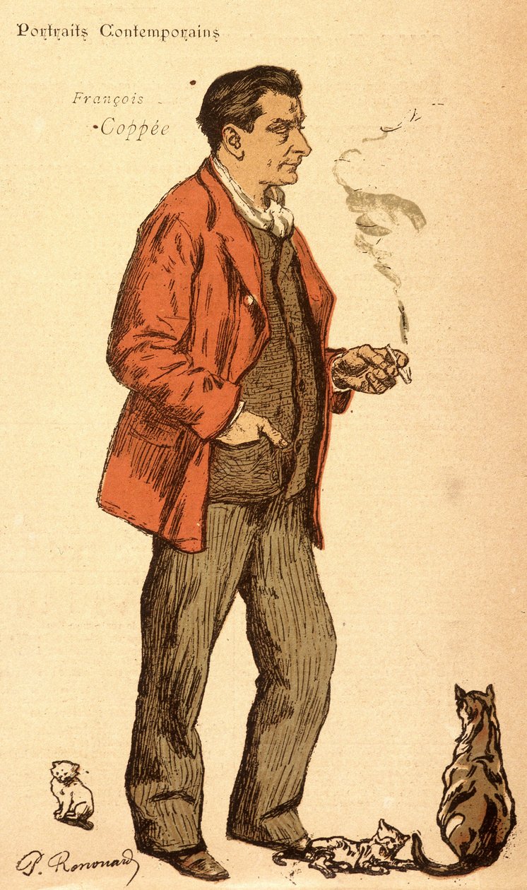 François Coppée sigara içiyor ve kedilerle by Charles Paul Renouard