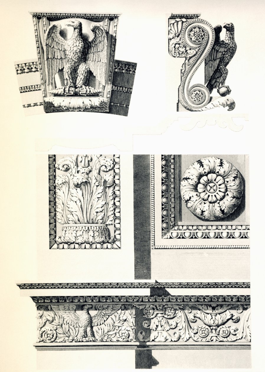 Charles Percier (1764-1838) ve Pierre Francois Leonard Fontaine (1762-1853) tarafından Arc de Triomphe du Carrousel için kartallar, rozetler ve akantus yaprakları ile dekorasyon, Louis Pierre Baltard (1764-1846) tarafından gravür, detay, Fransa by Charles Percier