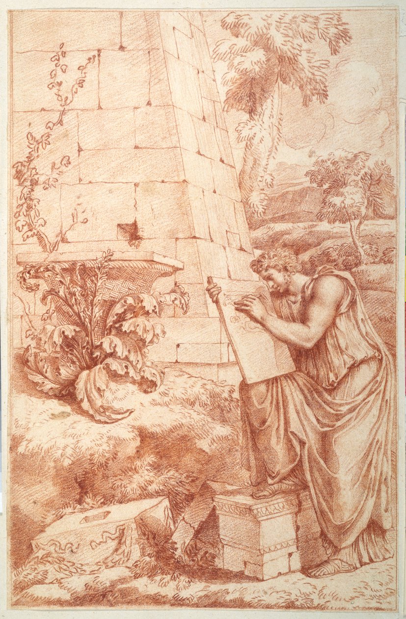 Korint Düzeninin kökeni (beyaz kağıt üzerine kırmızı tebeşir) by Charles Perrault