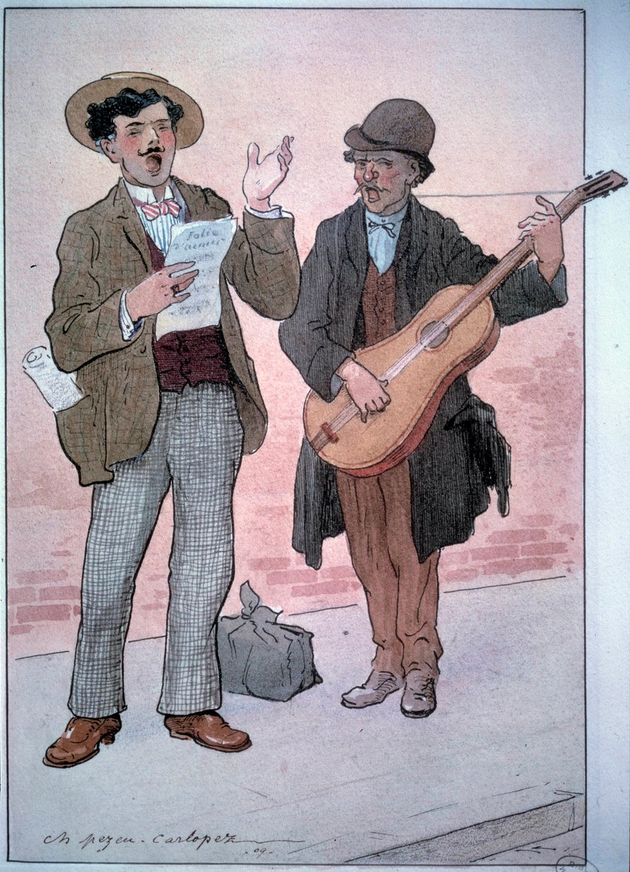 Paris'in Küçük Metierleri: sokak şarkıcıları. Charles Pezeu dit Carlopez'in çizimi (20. yüzyıl) by Charles Pezeu Carlopez