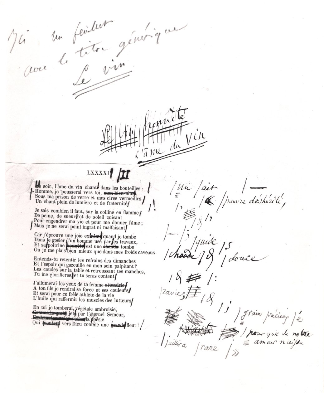 'L'Ame du vin' düzeltilmiş kanıt (kağıt üzerinde kalem ve mürekkep) by Charles Pierre Baudelaire