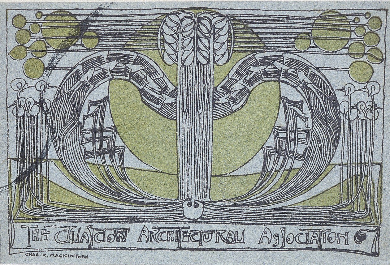 Glasgow Architectural Association için Conversazione Programı, 1894 (açık mavi kağıda siyah ve yeşil olarak basılmış linocut) by Charles Rennie Mackintosh
