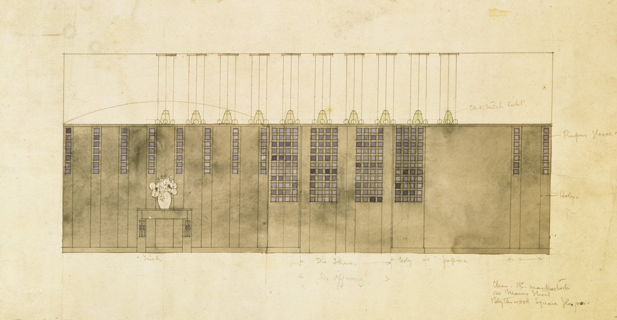 Duvar, masa ve kapılar için tasarım, 1905 (kağıt üzerine kalem ve mürekkep üzeri wc) by Charles Rennie Mackintosh