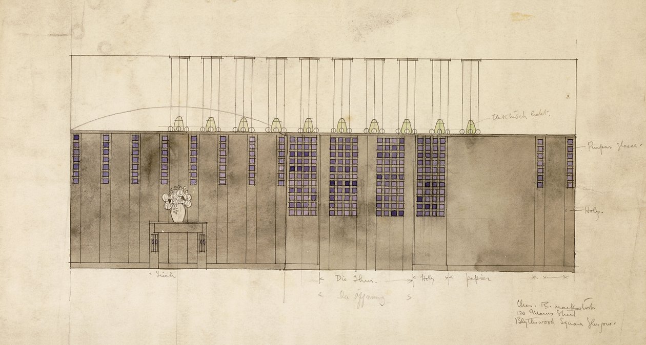 A.S. için bir duvar, masa ve kapılar için tasarım Top, Berlin, 1905 by Charles Rennie Mackintosh