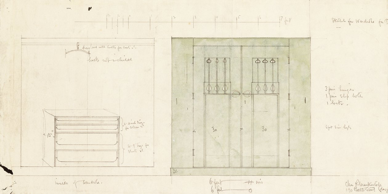 Bir gardırop tasarımı, ön ve iç cepheden yüksekte gösterilmiştir, c.1899-1900 (Kalem, sulu boya) by Charles Rennie Mackintosh