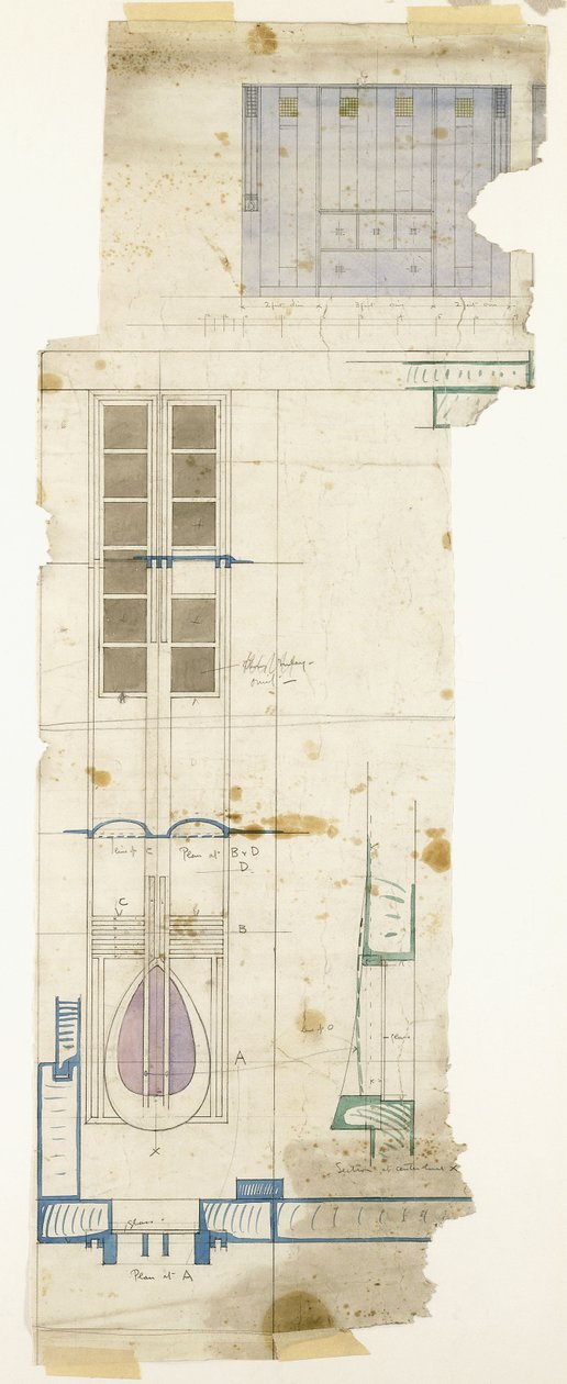 Dekoratif panelin yarı tam boyutlu detayları ile yükseklikte gösterilen bir gardırop tasarımı, 1904 by Charles Rennie Mackintosh
