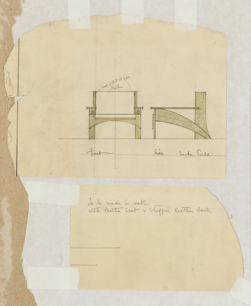 1905 ön ve yan cephelerde gösterilen bir meşe koltuk için tasarım by Charles Rennie Mackintosh