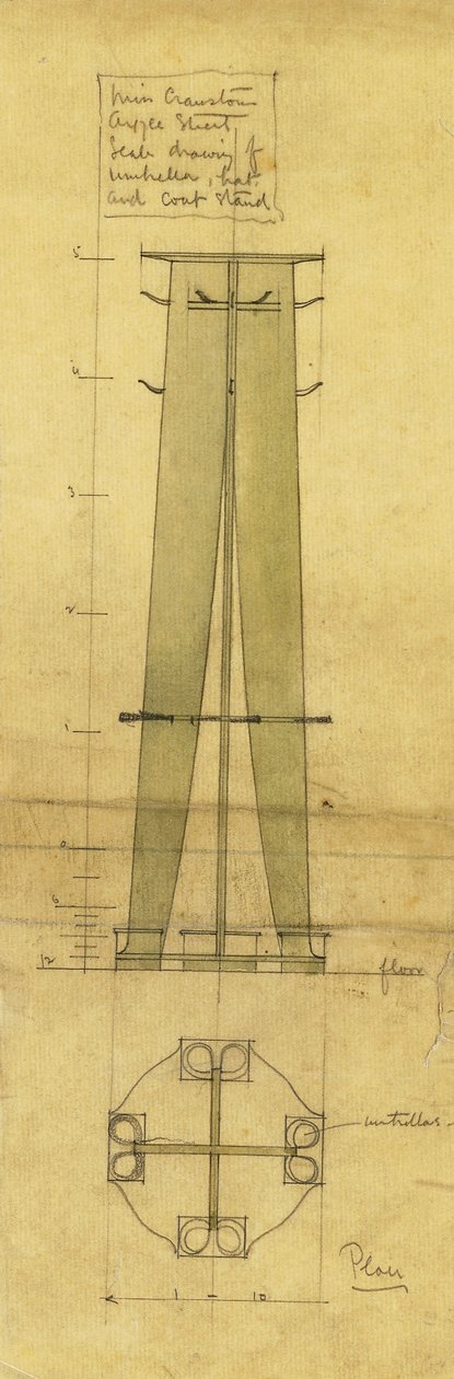 Bir şemsiye, şapka ve portmanto tasarımı, cephede ve planda gösterilmiştir, c.1898-1899 (kalem, sulu boya, yağlı aydınger kağıdı) by Charles Rennie Mackintosh