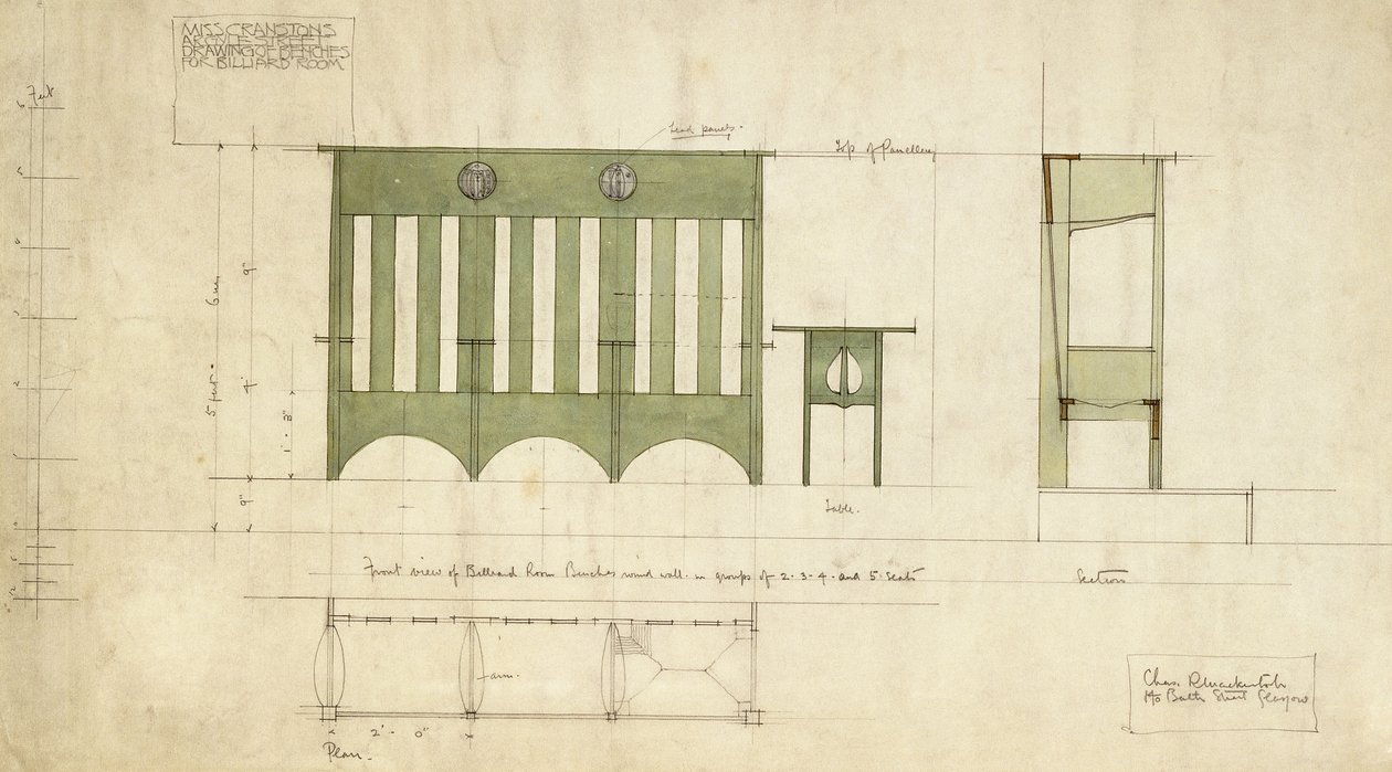Yükselti ve kesit planında gösterilen banklar ve bir masa için tasarım by Charles Rennie Mackintosh