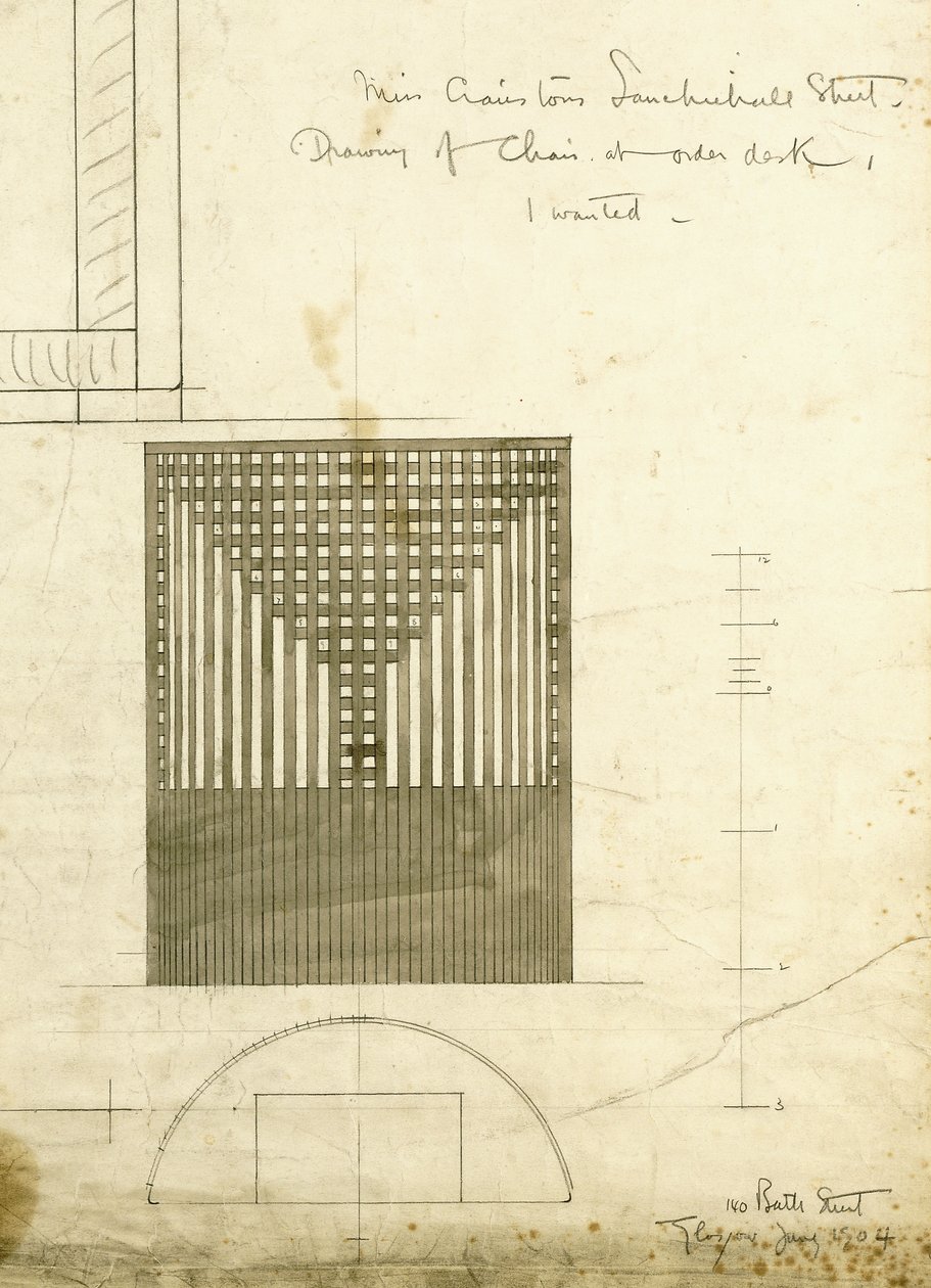 Sipariş Masası Koltuğu tasarımı, cephede ve planda gösterilmiştir, 1904 by Charles Rennie Mackintosh