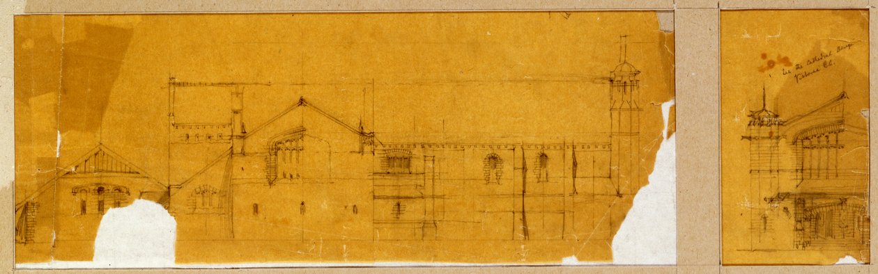 Yüksekte gösterilen bir kilise cephesi için tasarım ve cephede gösterilen kilisenin girişi için yardımcı bir tasarım, c.1895-99 by Charles Rennie Mackintosh