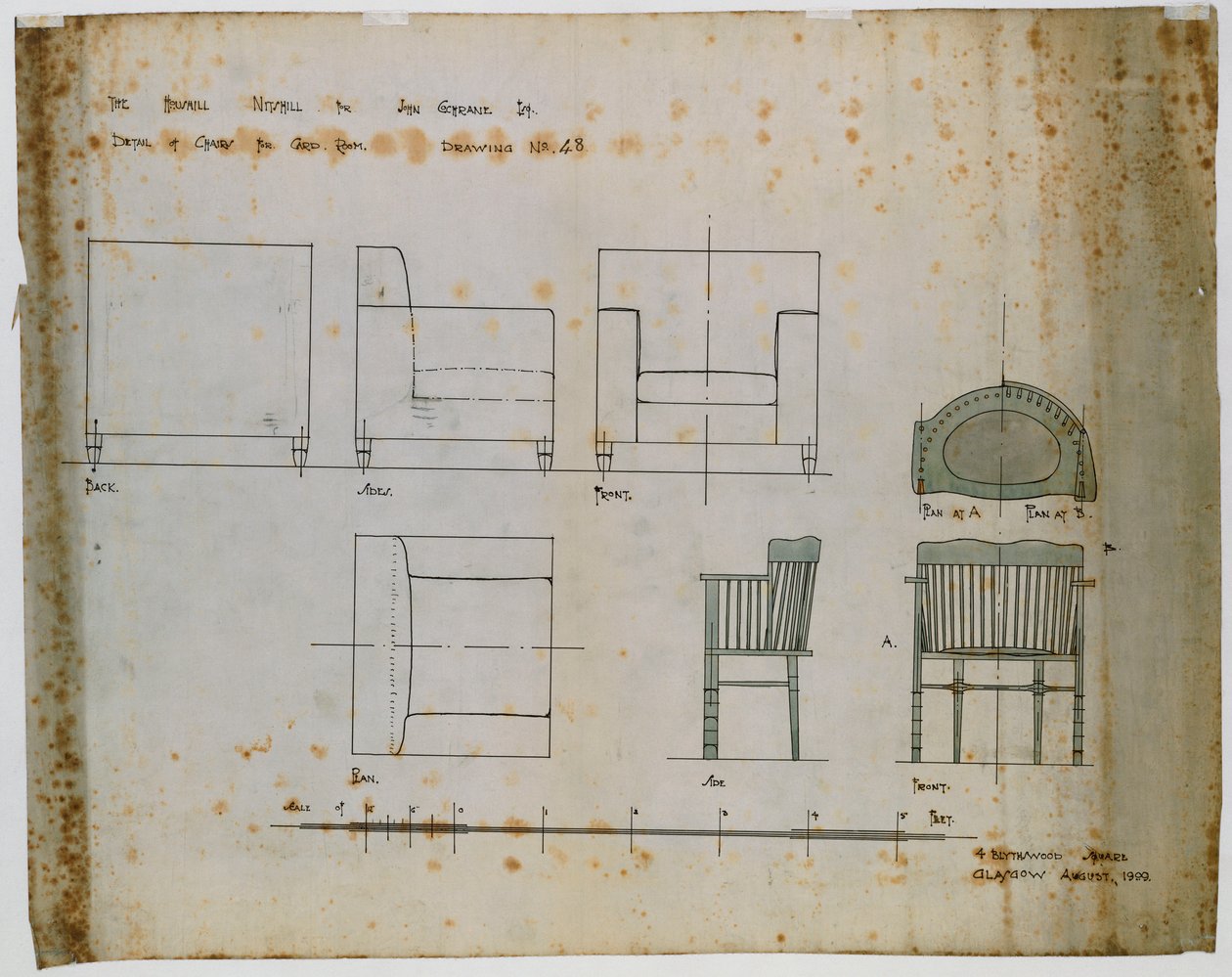Döşemeli bir sandalye ve bir mil sandalye için tasarımlar, yükseklik ve planlarda gösterilmiştir by Charles Rennie Mackintosh
