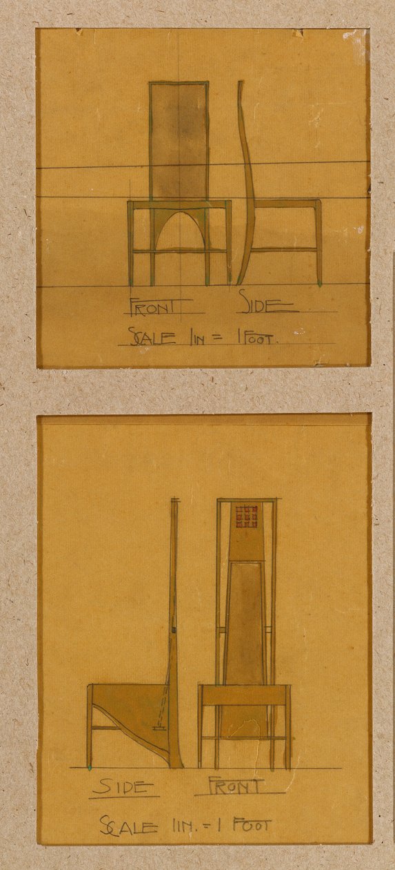 Room de Luxe, Willow Tea Rooms için ön ve yan yükseltilerde gösterilen sandalye tasarımları by Charles Rennie Mackintosh