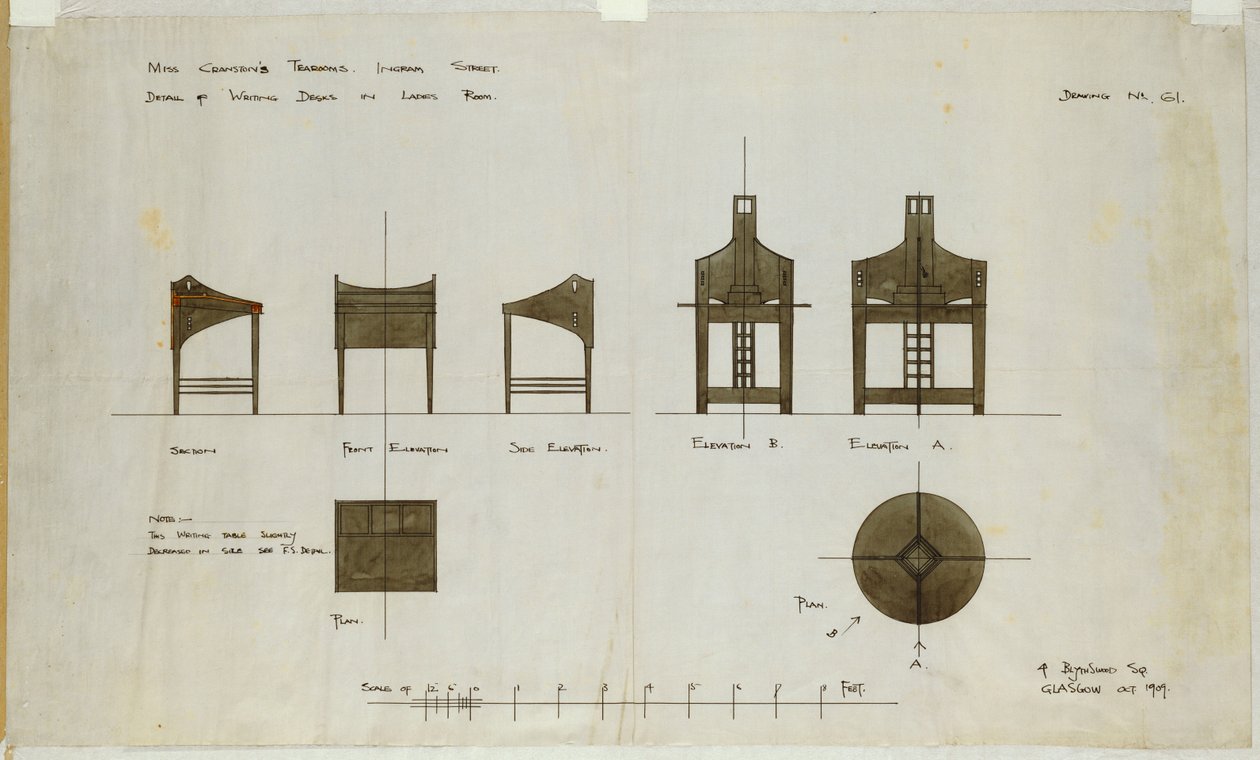 Ingram Street Çay Odaları için ön ve yan cephelerde gösterilen yazı masaları tasarımları, 1909 by Charles Rennie Mackintosh