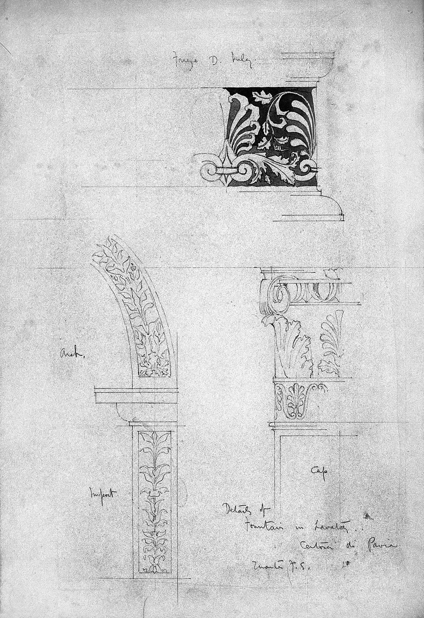 Lavabodaki Çeşme Detayları, Certosa di Pavia, 1891 (Kağıt üzerinde kurşun kalem ve gri yıkama) by Charles Rennie Mackintosh
