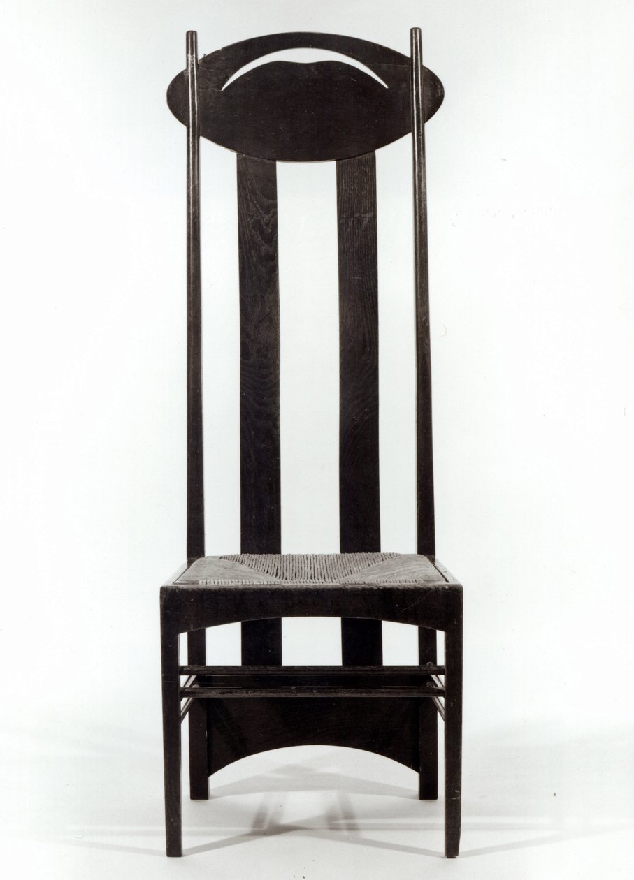 Yüksek arkalıklı sandalye, c.1897 (koyu lekeli meşe, oturma yeri ve delikli oval sırt korkulukları) by Charles Rennie Mackintosh
