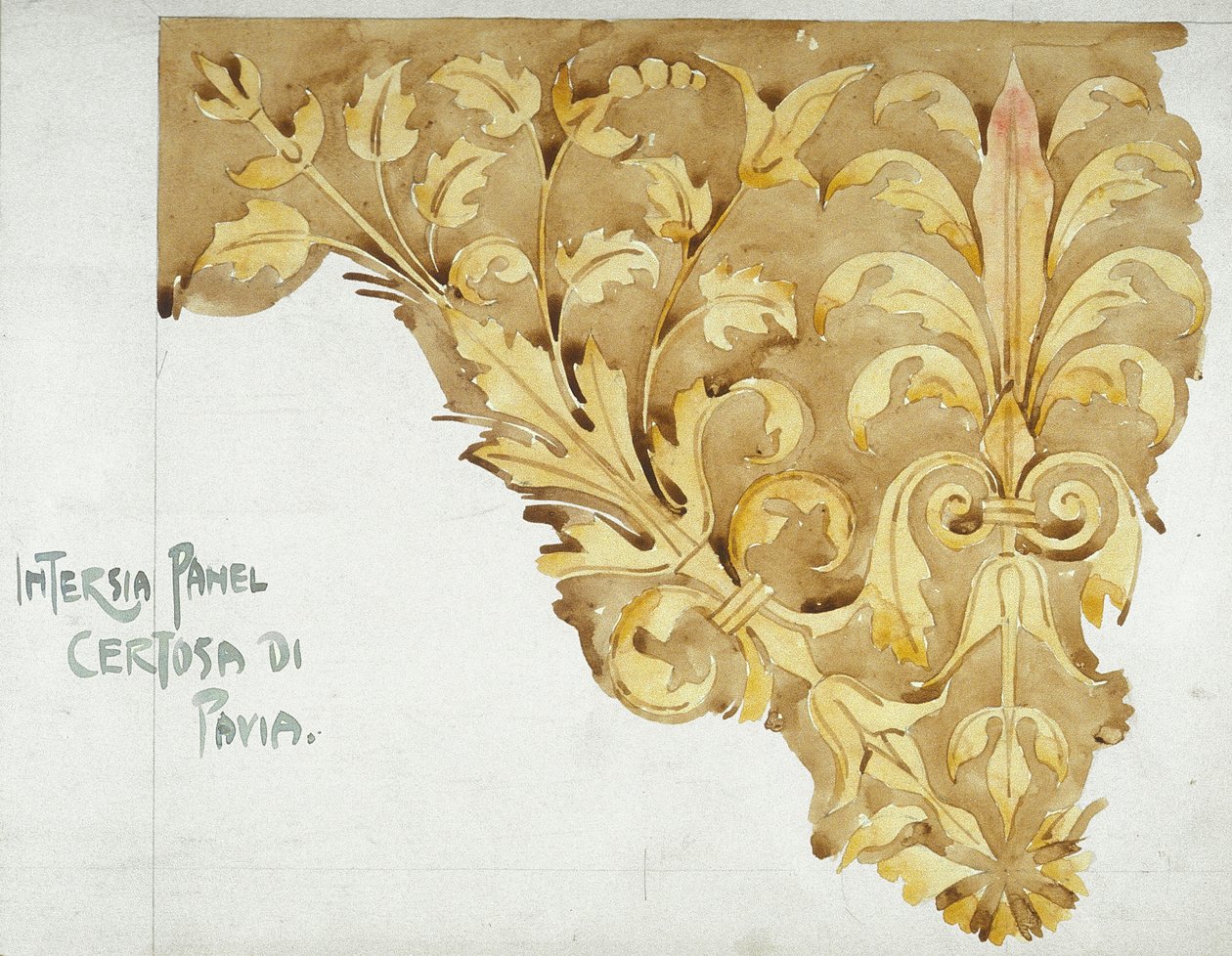 Intarsia Panel, Certosa di Pavia, 1891 (kağıt üzerine kurşun kalem ve sulu boya) by Charles Rennie Mackintosh