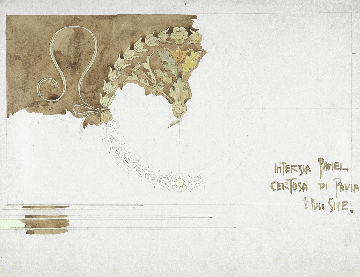 Intarsia Panel, Certosa di Pavia, 1891 (kağıt üzerine kurşun kalem ve sulu boya) by Charles Rennie Mackintosh