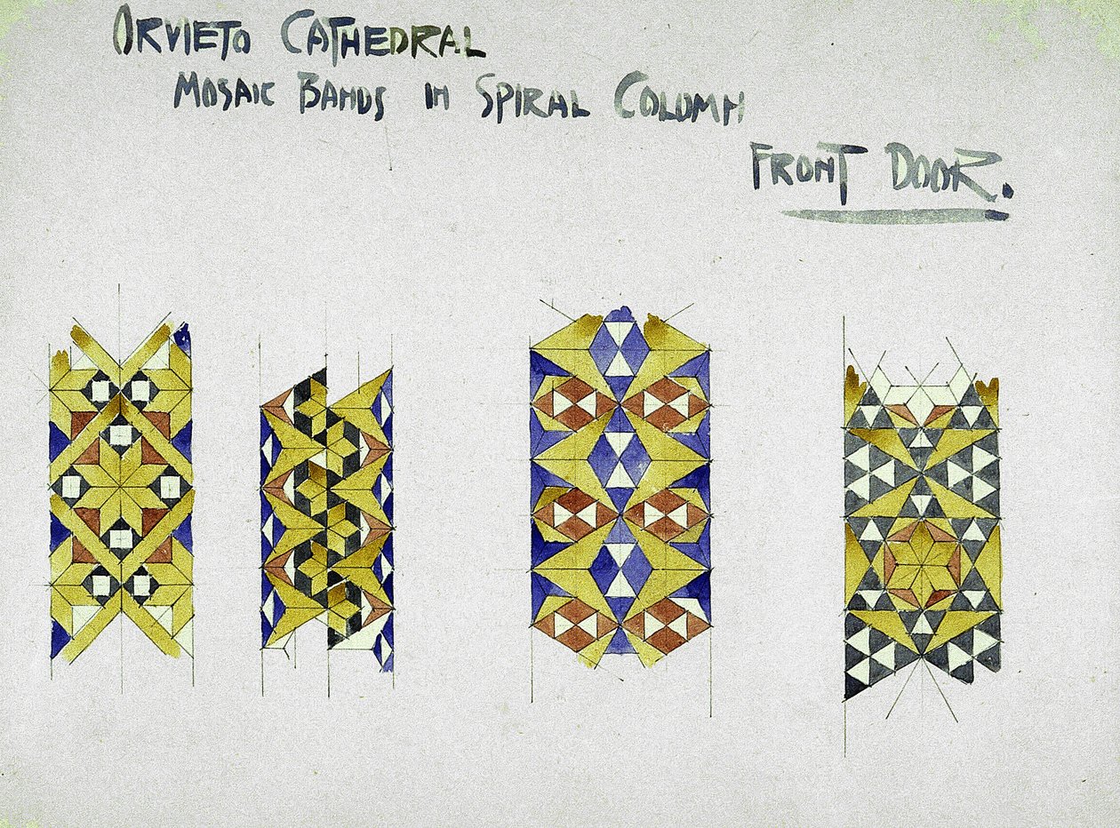 Orvieto Katedrali, Spiral Sütundaki Mozaik Bantlar, Ön Kapı, 1891 (kağıt üzerine kurşun kalem ve sulu boya) by Charles Rennie Mackintosh