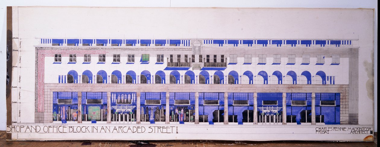 Bir dükkan ve kemerli cadde için daha önce kaydedilmemiş mimari çizimler, c.1915 by Charles Rennie Mackintosh