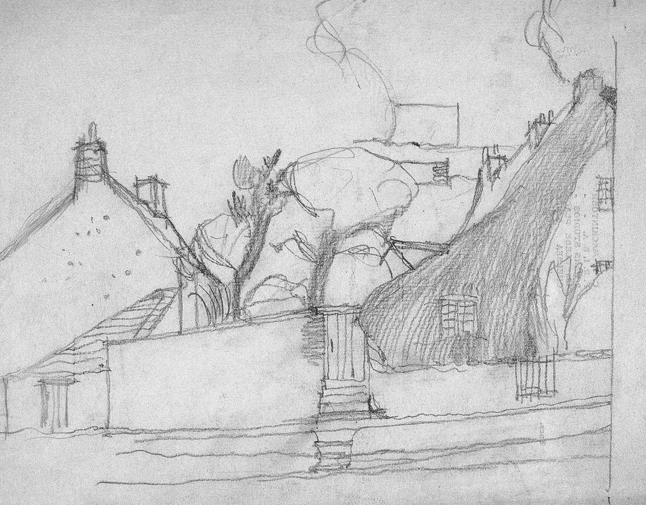 Ön Planda Sazdan Çatılı İngiliz Köyü taslağı, c.1920 by Charles Rennie Mackintosh