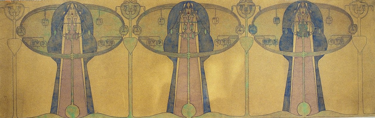 Stilize İnsan Figürleri, Ağaç ve Bitki Formlarından Dekoratif Friz, c.1895 (gri kuşe kağıda kurşun kalem ve suluboya) by Charles Rennie Mackintosh