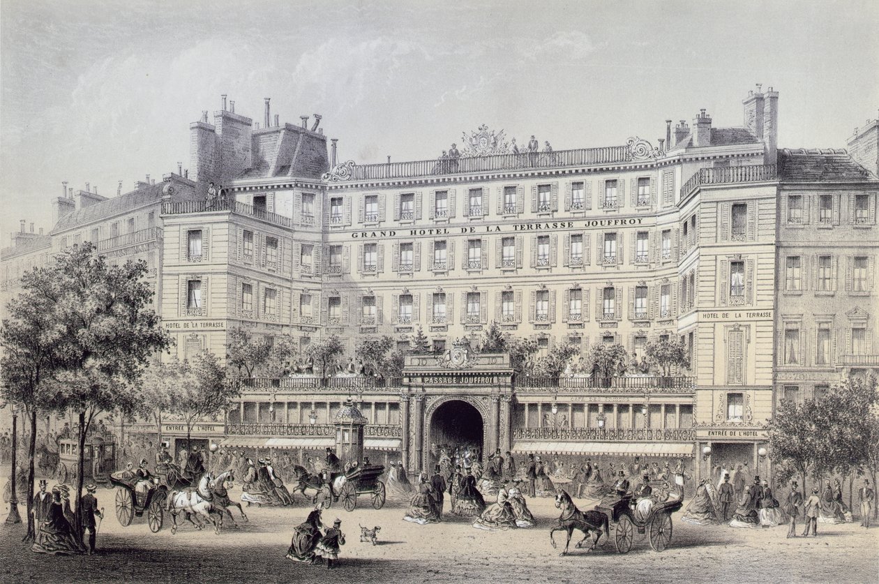 Boulevard Montmartre, Passage Jouffroy ve Grand Hotel de la Terrasse Jouffroy, 1865 by Charles Riviere