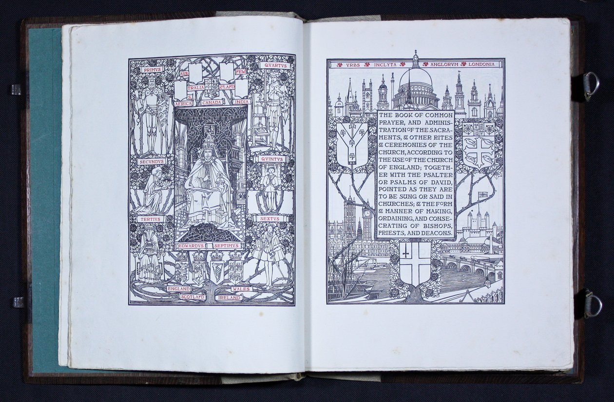 Essex House Press tarafından yayınlanan "The Prayer Book of Edward VII"den başlık sayfası ve ön sayfa by Charles Robert Ashbee