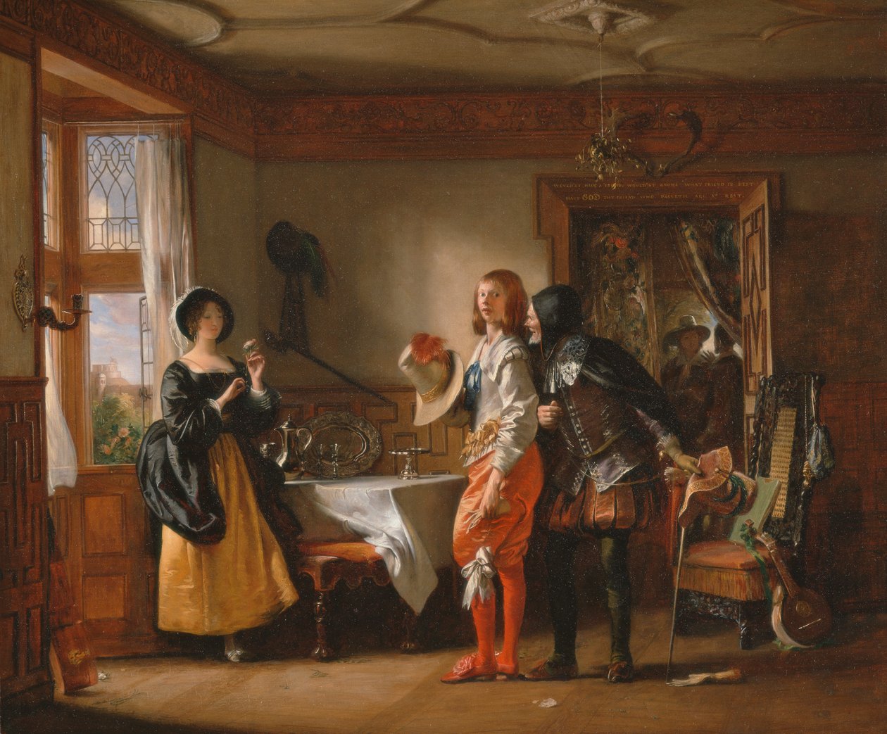 "Windsor'un Şen Kadınları"ndan, Shallow'un Yardımıyla, Anne Page'e Kur Yapmak Slender, Perde III, Sahne iv by Charles Robert Leslie
