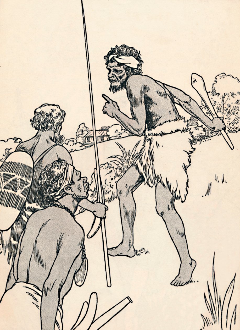 Bir yerleşimci çiftliğine yaklaşan Aborijin erkekler, 1912 by Charles Robinson