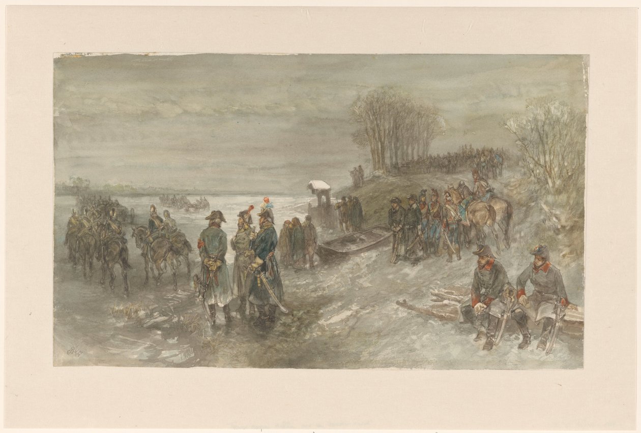 Fransız birlikleri donmuş bir nehri geçiyor by Charles Rochussen
