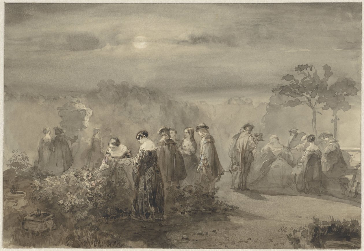 Gül çalıları ile mehtaplı bir bahçede bayanlar ve baylar şirketi by Charles Rochussen