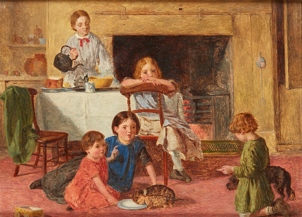 Yeni Yavru Kediyi Besleme (panelde yağ) by Charles Rossiter