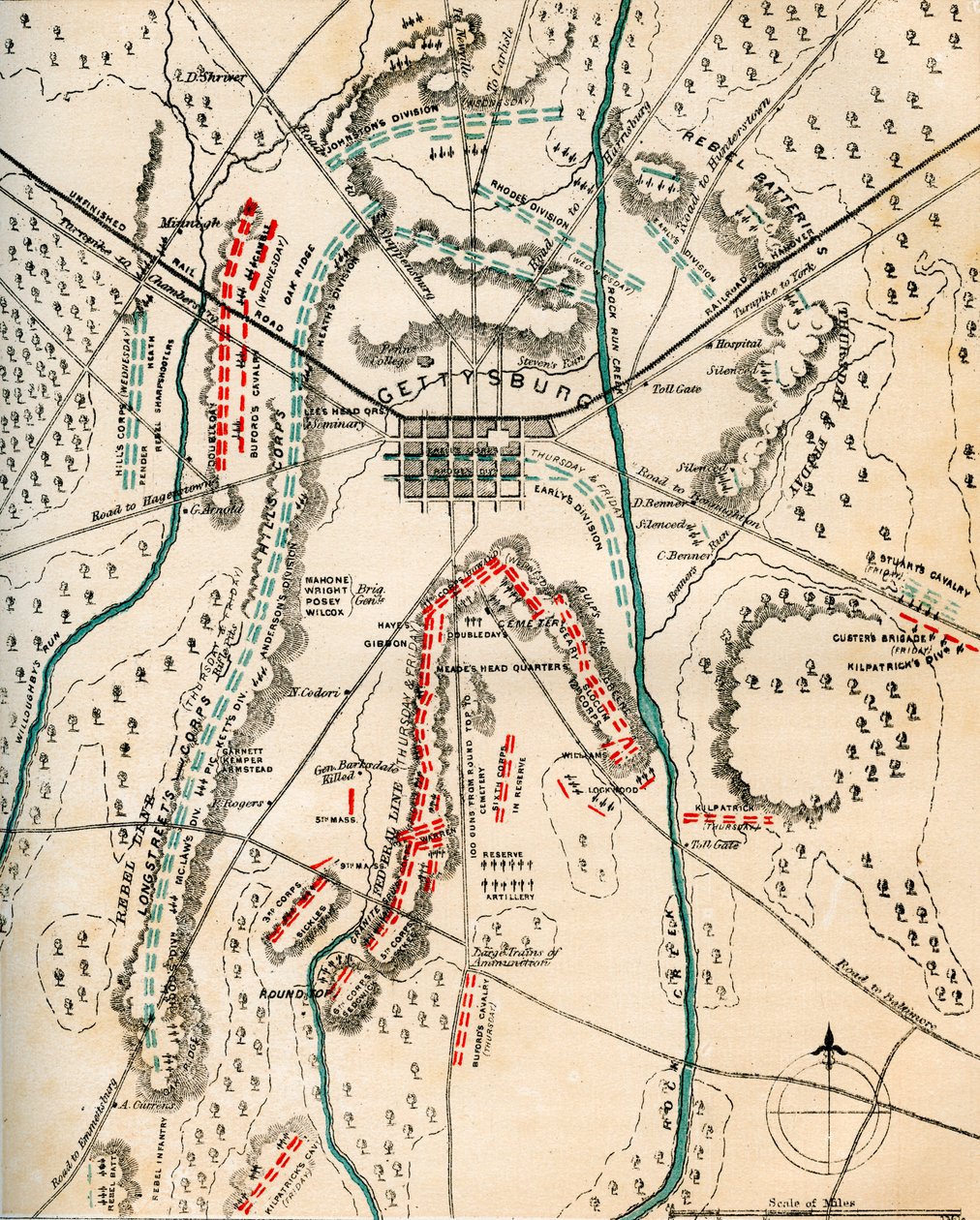 Gettysburg Savaşı Haritası, Pensilvanya, 1-3 Temmuz 1863 1862-1867. by Charles Sholl