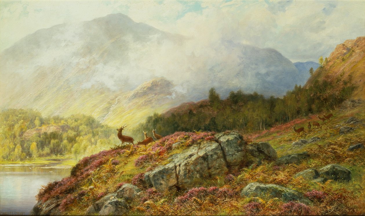 Yayla Manzarasında Geyik (tuval üzerine yağlı boya) by Charles Stuart