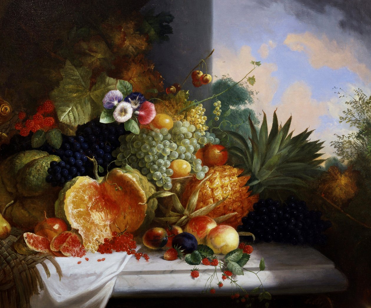 Meyve natürmortu (ahududu, üzüm, çarkıfelek meyvesi, kavun, frenk üzümü, ananas, şeftali dahil). Charles Stuart