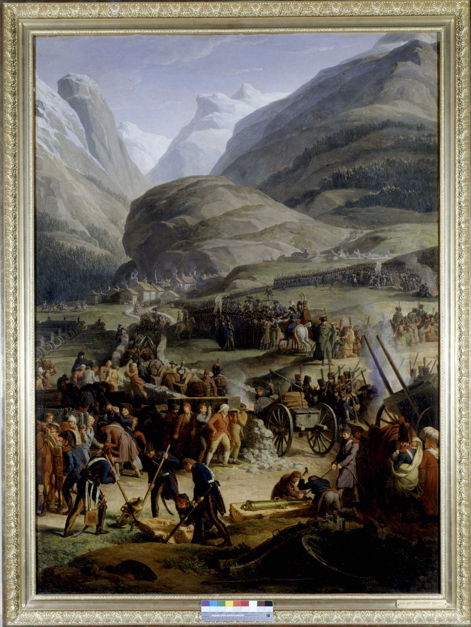 Saint Bernard geçidini geçmek için Saint Pierre köyündeki Fransız ordusu - Charles Thévenin tarafından, yağlı boya, 19. yüzyılın başlarında. by Charles Thevenin
