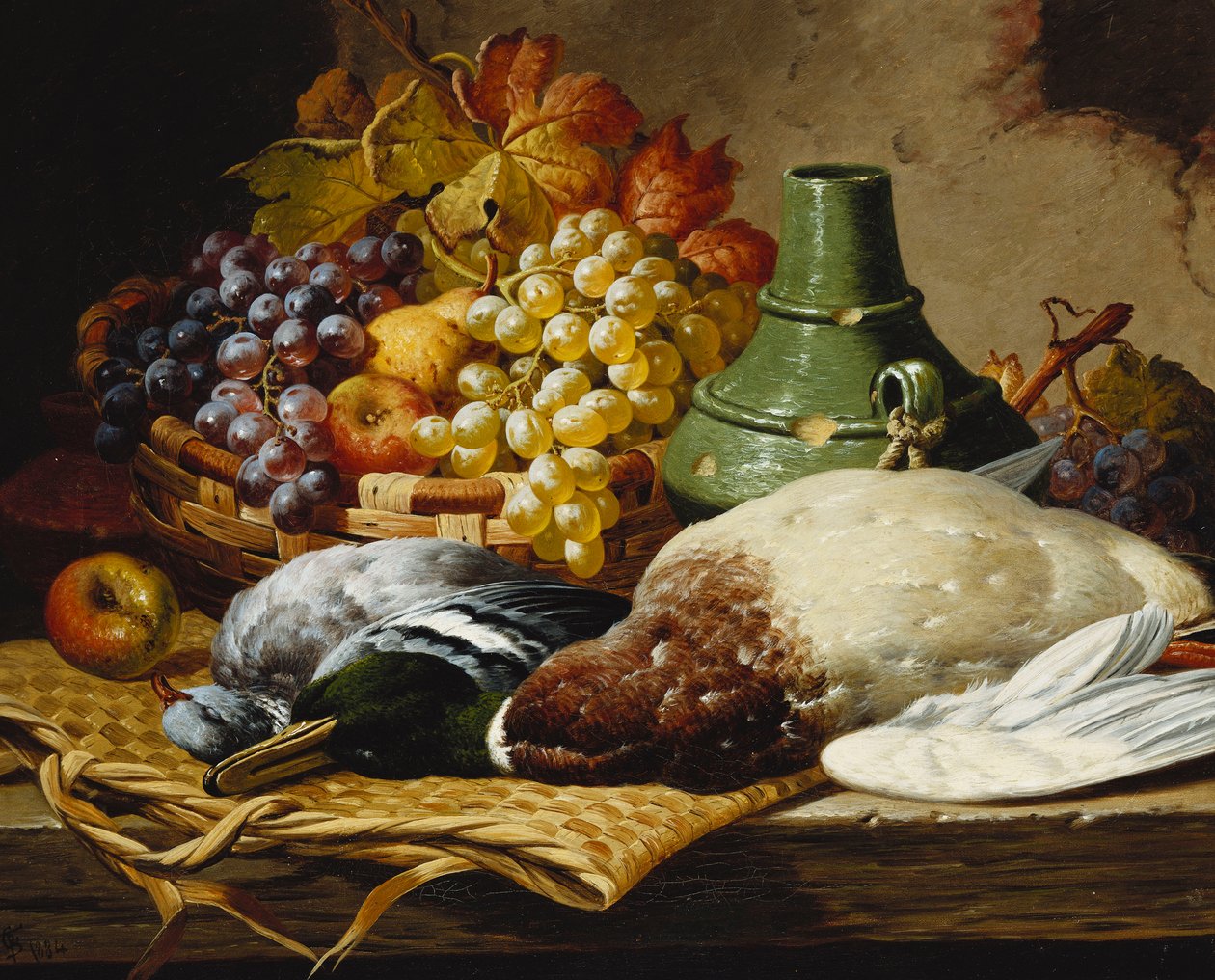 Ahşap bir çıkıntıda elma ve üzüm sepeti olan bir yeşilbaş ve odun güvercini, by Charles Thomas Bale