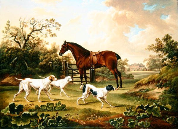 Lyston Hall Ötesi ile Bir Manzarada Bir Körfez Avcısı ve Üç İşaretçi (tuval üzerine yağlı boya) by Charles Towne