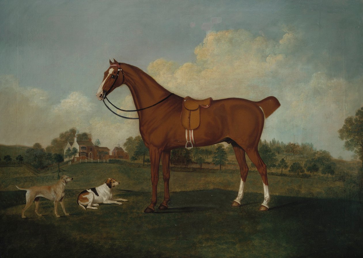 Bir manzarada iki tazı olan bir körfez avcısı, ötesinde bir konak, 1779 by Charles Towne
