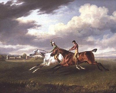 Jokeyleri havada, Manzarada Egzersiz Yapan İki Yarış Atı (tuval üzerine yağlı boya) by Charles Towne
