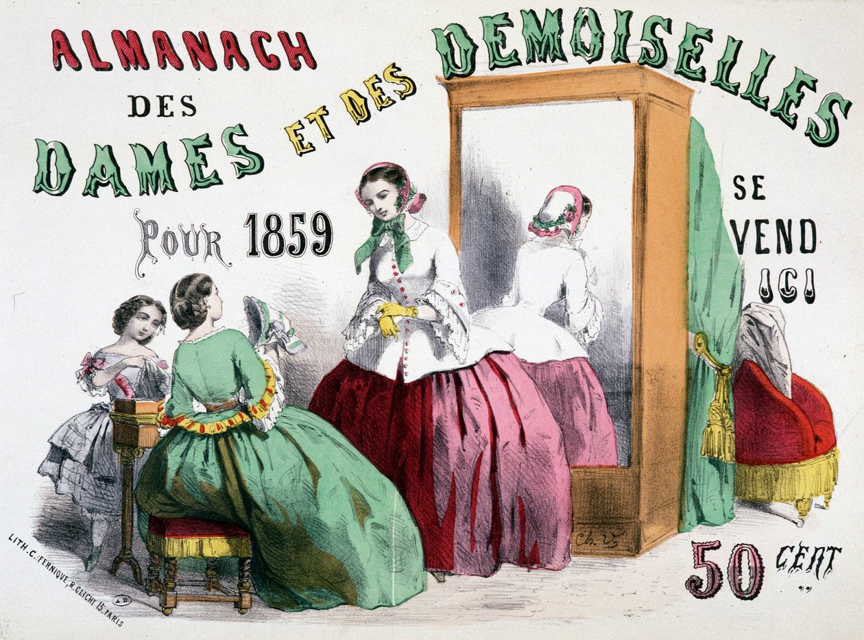 1859 Bayanlar ve Bayanlar Almanach için reklam afişi (genç kızlar bir buz dolabının önünde paçavralar konuşuyor), 50 sent by Charles Vernier